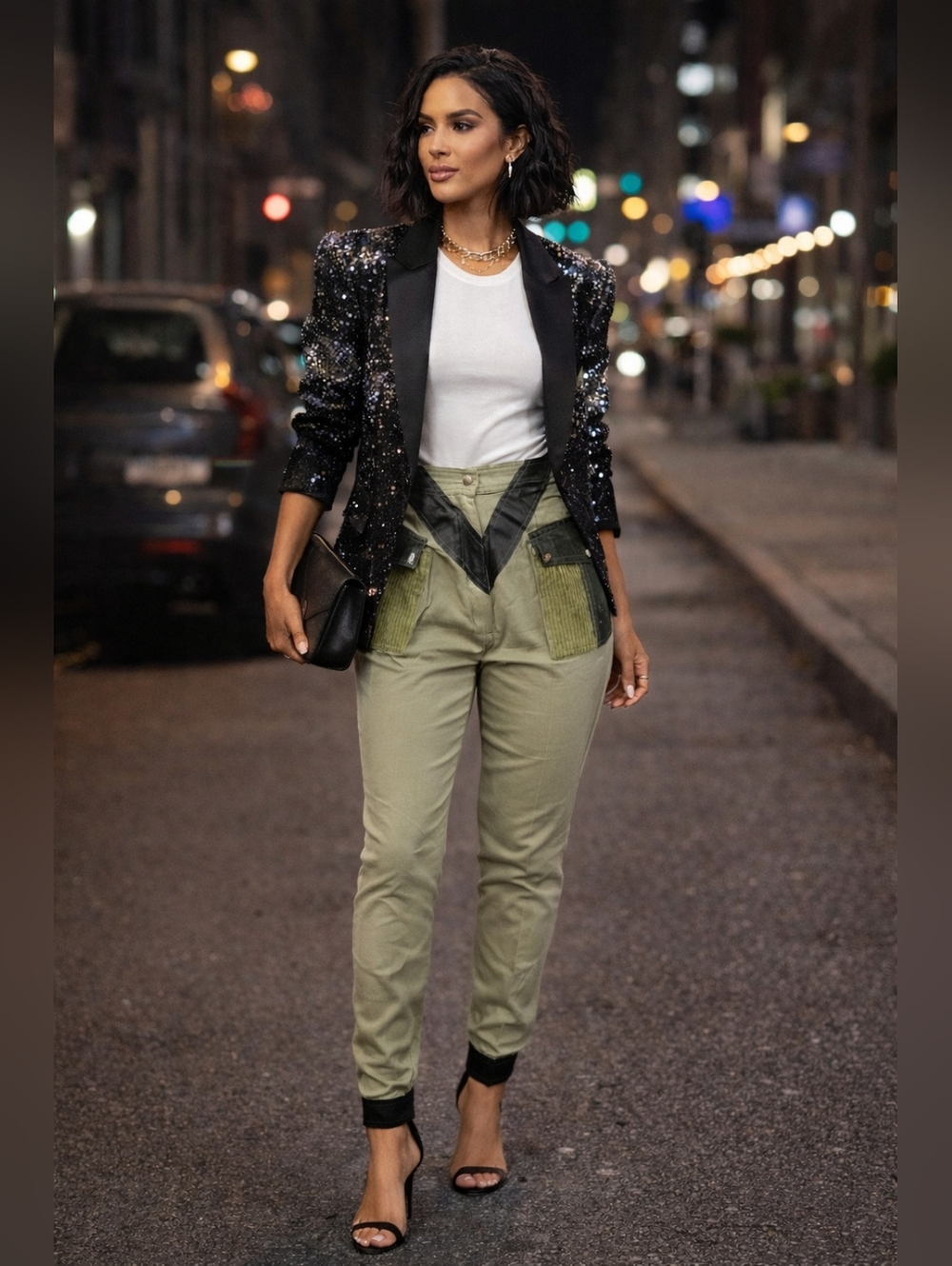 Green High Waist Cargo Pants Tapered Chic Leather Trim S